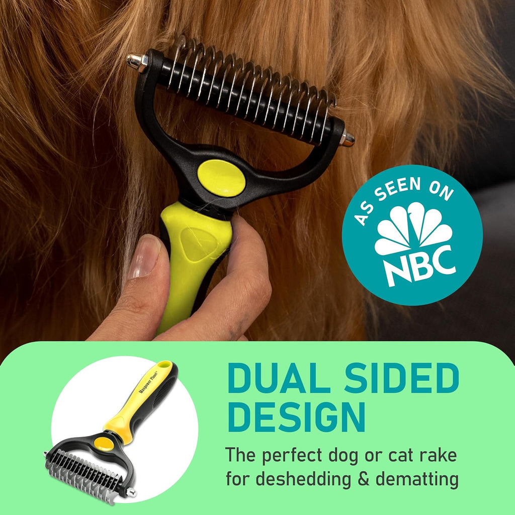 Maxpower Planet Pet Grooming Brush - Double Sided Shedding, Dematting Undercoat Rake for Dogs and Cats - Extra Wide Dog Grooming Brush - Yellow