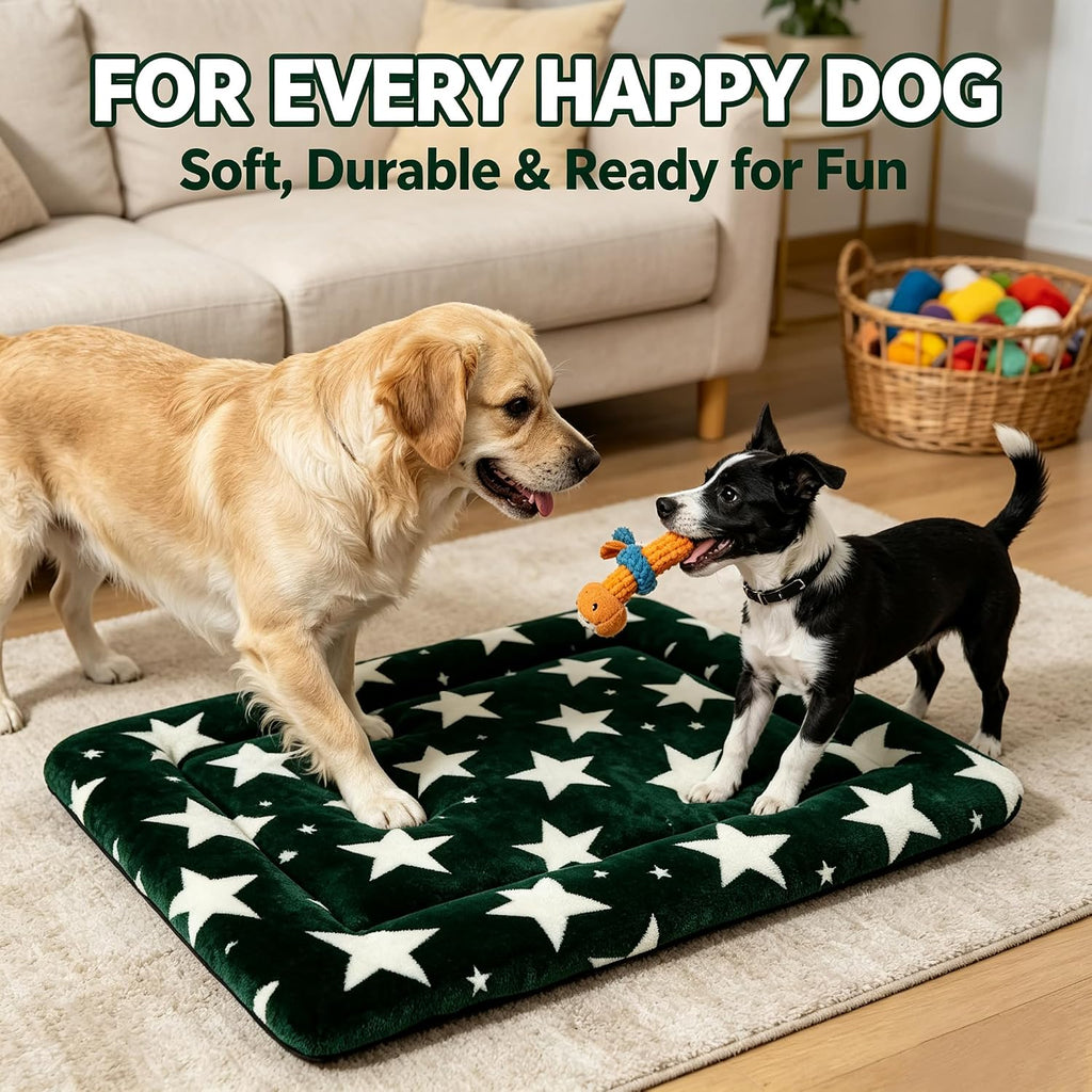 Dog Bed Mat – Soft & Comfortable Dog Kennel Pad for Crate – Durable Crate Bed & Mat for Dogs & Cats – Ideal for Crate, Kennel, and Home Use (Big&Little Stars Green, L(35"*23"*1.5"))