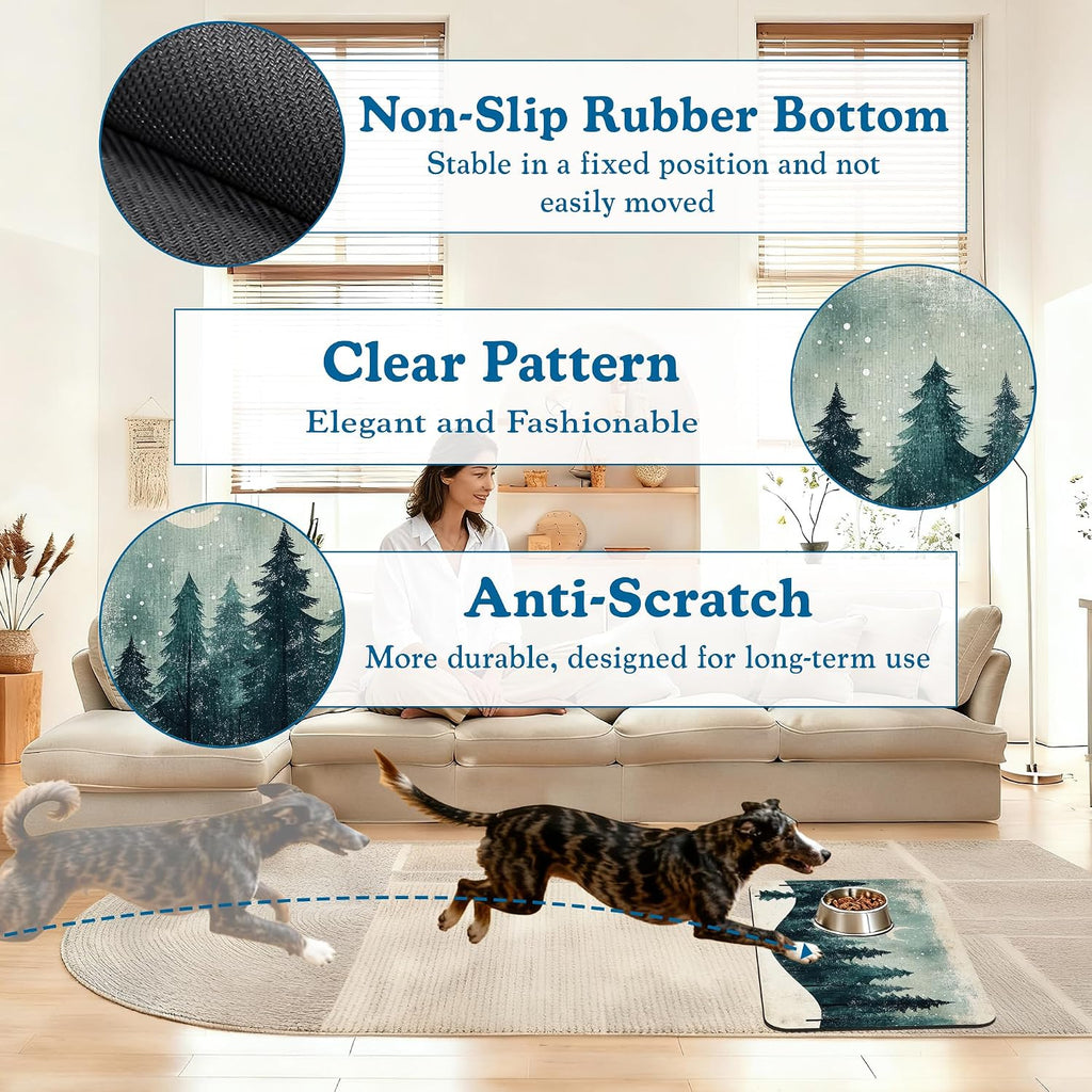 Mysty Winter Fores Pet Feeding Mat–Quick Dry Absorbent Dog Cat Food Mat, Non Slip Waterproof Bowl Placemat for Messy Eaters, Pet Accessories for Floors 16"x24"