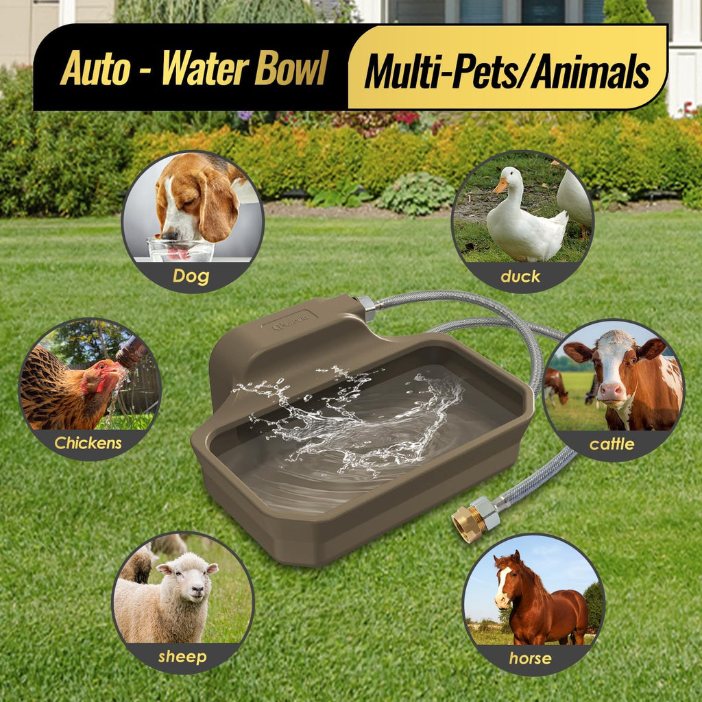 135OZ Automatic Water Dispenser for Large Dogs Patented Outdoor Dog Water Bowl Dispenser Automatic Dog Feeder Fit 3/4'' GHT Faucet Dog Waterer Include Water Hose Extra-Large Drinking Area Brown