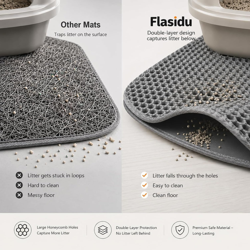 Cat Litter Box Mat,Double-Layer Honeycomb Litter Trap 30"x22" Blakc | Catches Scattered Particles to Stop Tracking,Waterproof Design Urineproof Base Protects Floors, Easy to Clean, Indoor Cats