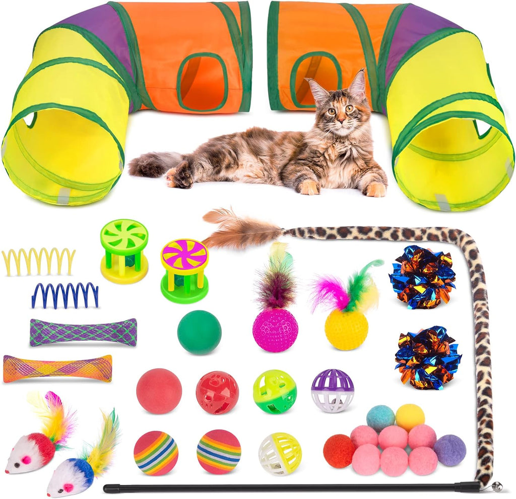 Retro Shaw 33Pcs Cat Toys for Indoor Cats, 2 Way Cat Game Tunnels