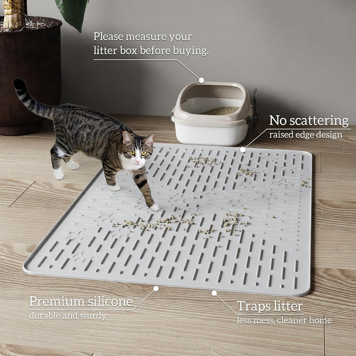 OHMO Cat Litter Mat, 23.5x16 Silicone Trapping Mat Ash Grey | for Kitty Litter Box, Easy Clean, BPA Free Rubber, Center Litter Collection, Easy Pour-Back, Waterproof, Odor-Resistant