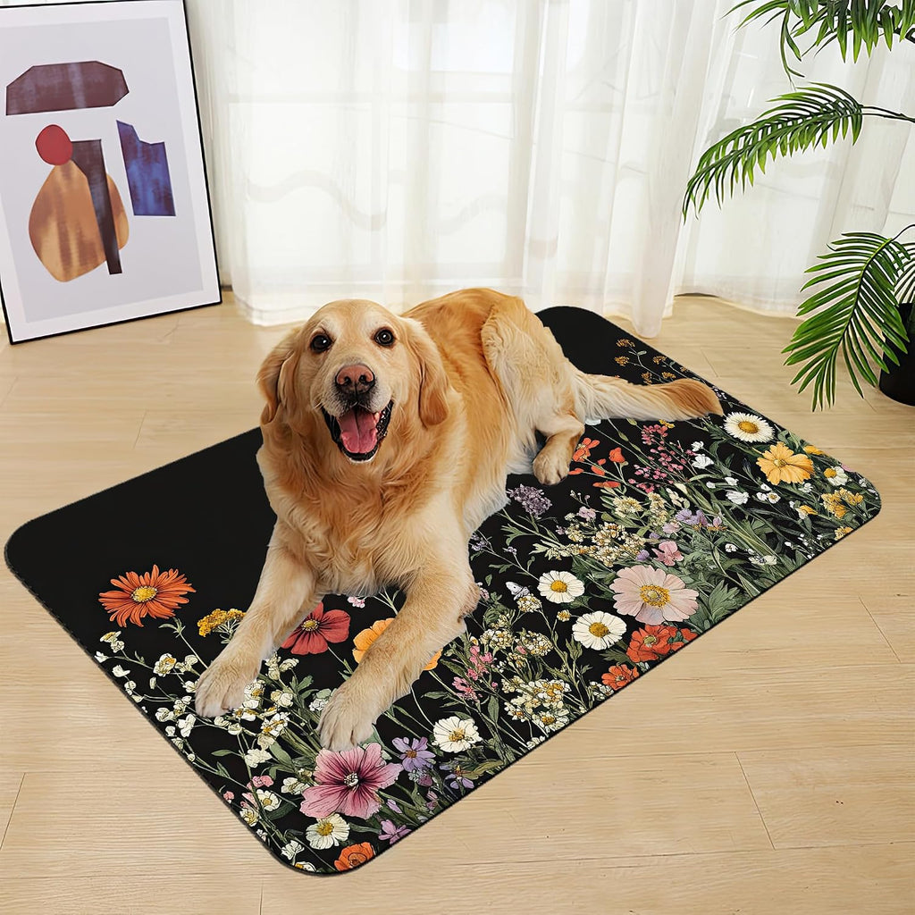 Vintage Wild Herbs Dog Cat Food Mat–Absorbent Waterproof Placemat for Food and Water Bowls, Non Slip Rubber Backing, Feeding Mat for Clean Floors 12"x20"