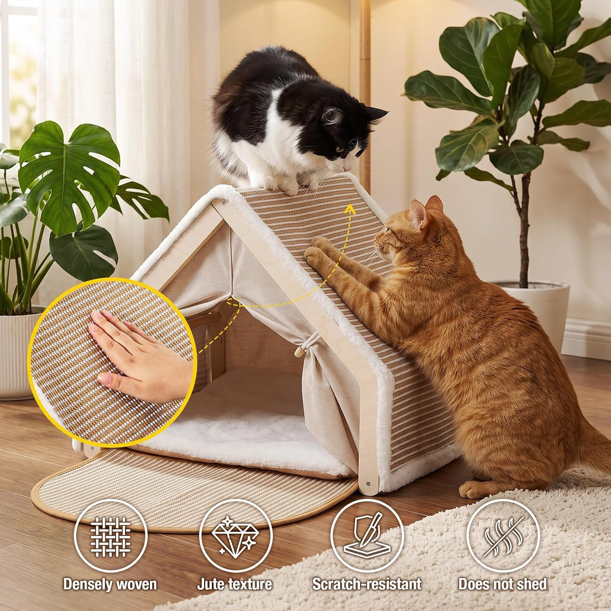 Cat House Indoor, 3-in-1 Wicker Cat Condo Scratcher Cave
