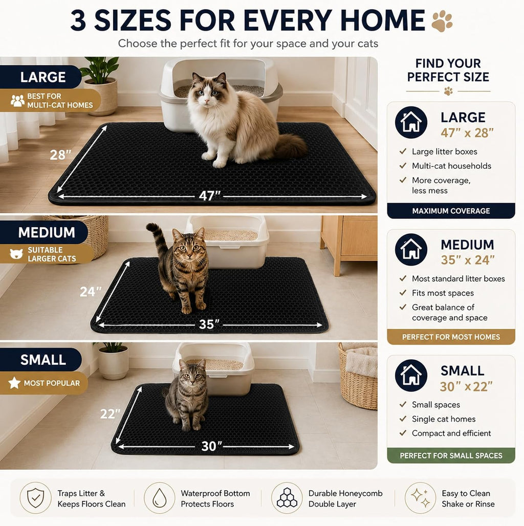 Cat Litter Box Mat,Double-Layer Honeycomb Litter Trap 30"x22" Blakc | Catches Scattered Particles to Stop Tracking,Waterproof Design Urineproof Base Protects Floors, Easy to Clean, Indoor Cats
