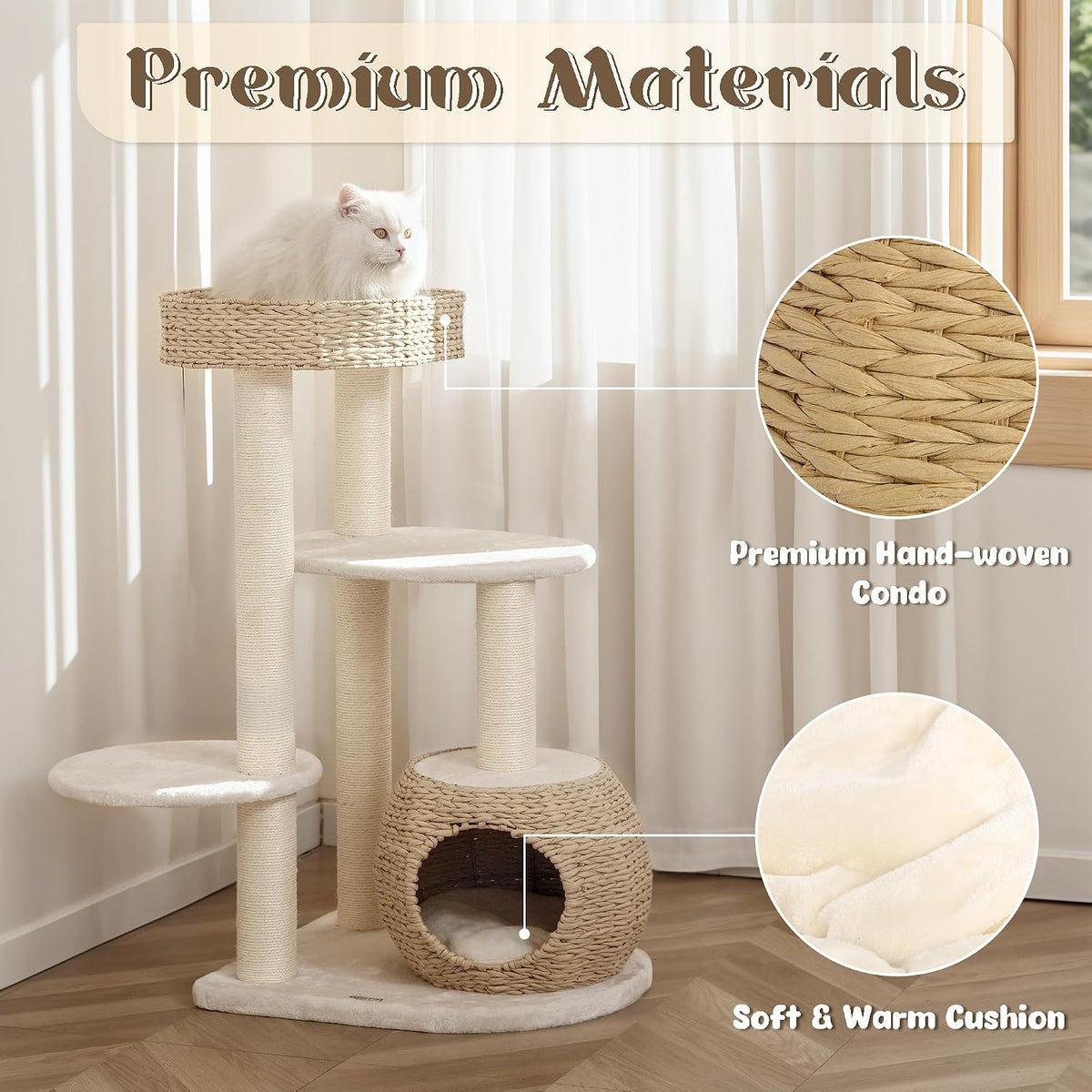 KAMABOKO Modern Cat Tree, Hand-Woven Condo & Top Perch,cat Houses & Condos
