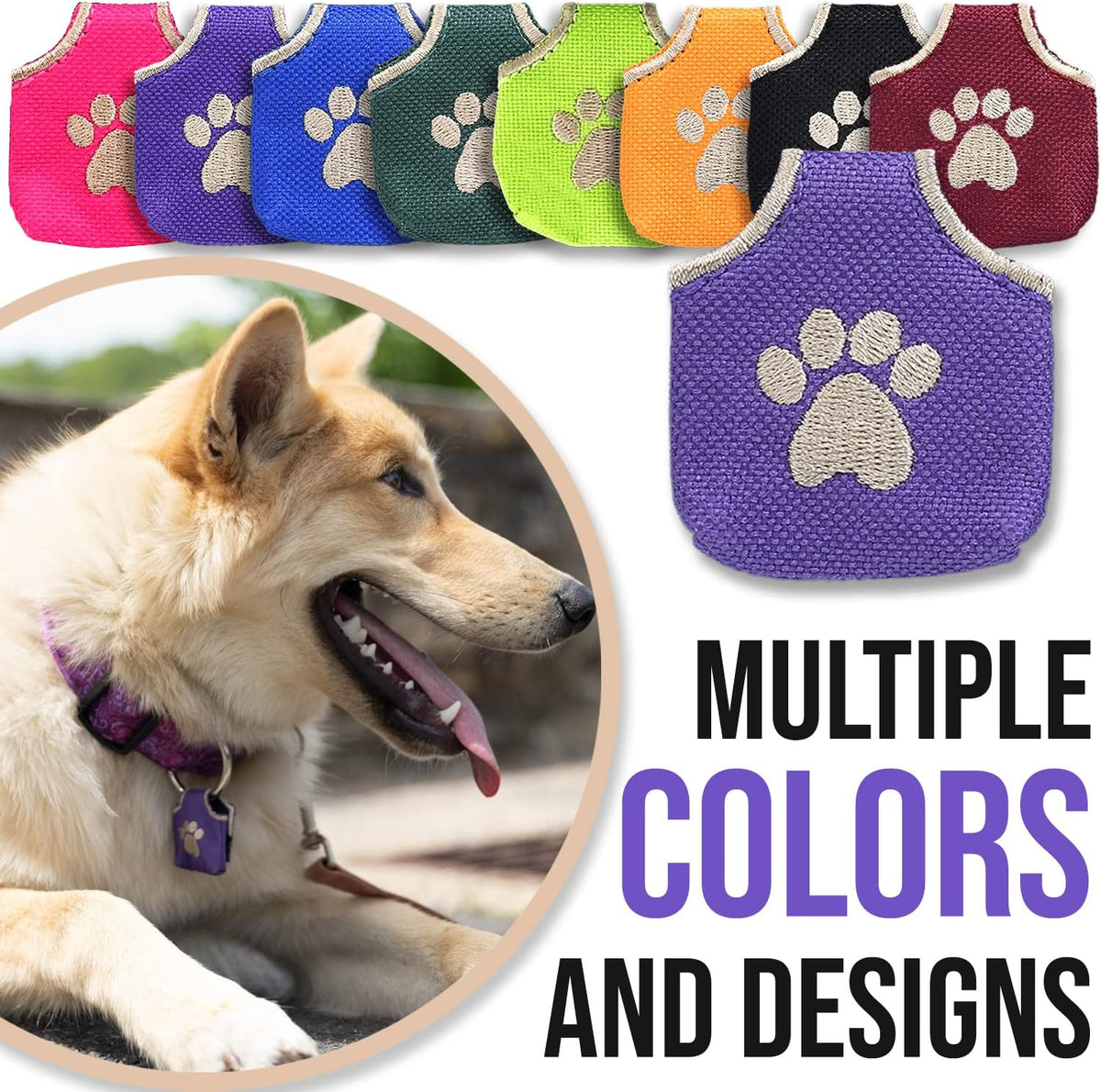 Woofhoof Dog Tag Silencer, Purple Pawprint - Quiet Noisy Pet Tags - Fits Up to Four Pet IDs - Dog Tag Cover Protects Metal Pet IDs, Made of Durable Nylon, Universal Fit, Machine Washable