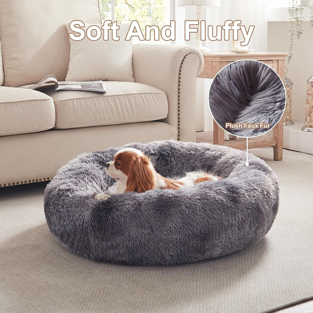 30 in Faux Fur Fluffy Donut Dog Bed for Medium Dogs,Tie-dye Grey