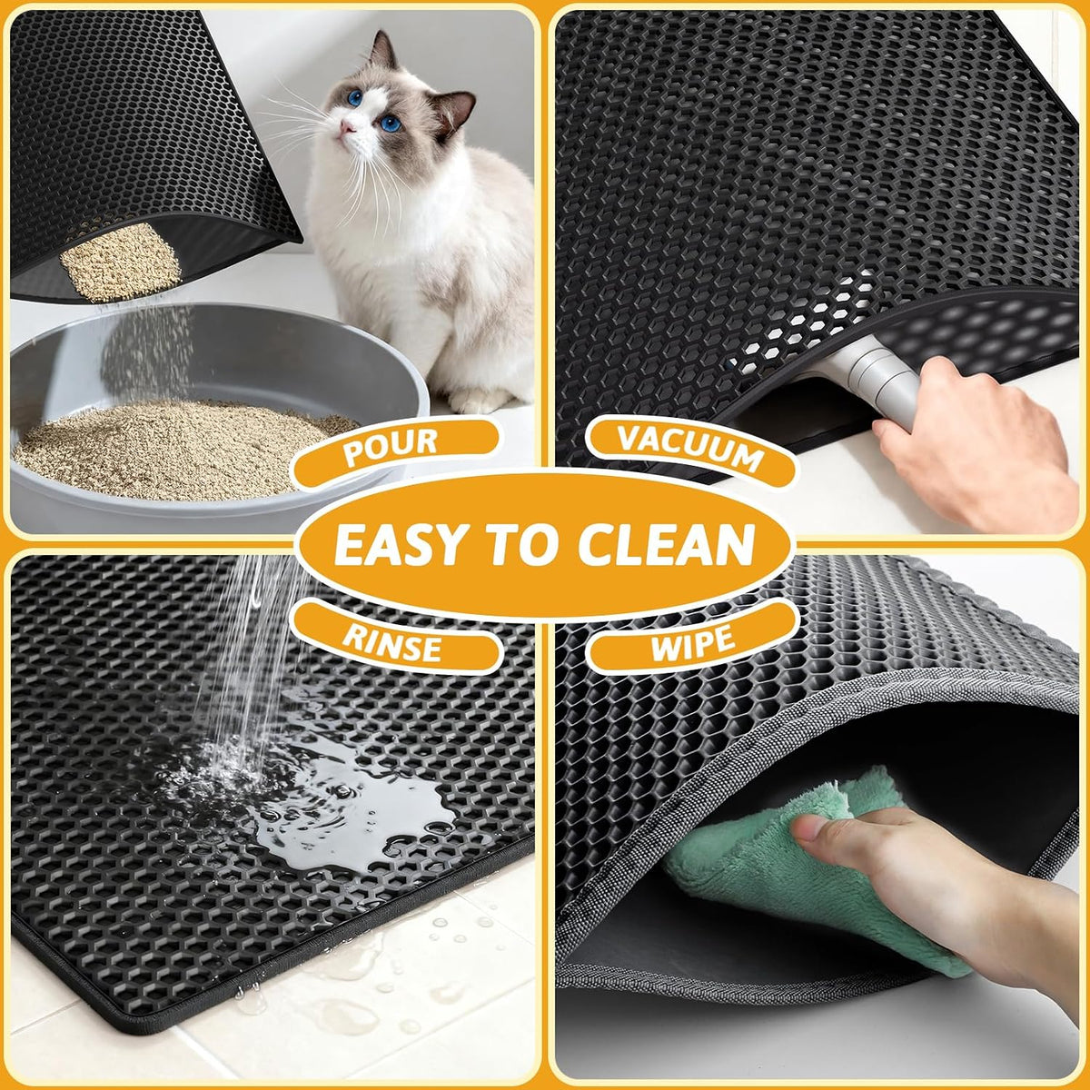Pieviev 2 Packs Cat Litter Mat Double Layer Waterproof Urine Proof Trapping Mat (24"X15", Black) | Waterproof Urine Resistant Layer Litter Box Mat, Easy Collection, Soft on Kitty Paws, Black Color for Indoor Cats