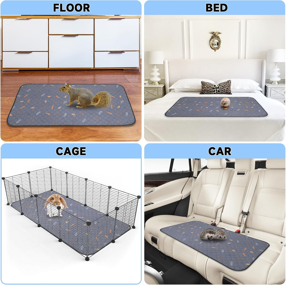 Sunheir 2 Pack Washable Guinea Pig Pee Pads, 24" x 48" Waterproof Reusable Guinea Pig Cage Liners, Absorbent Bedding Training Mat for Small Animal Guinea Pigs Rabbit Bunny Hamster (Leaves - Deep Grey) | Waterproof Super Absorbent Small Animal Mat for G...