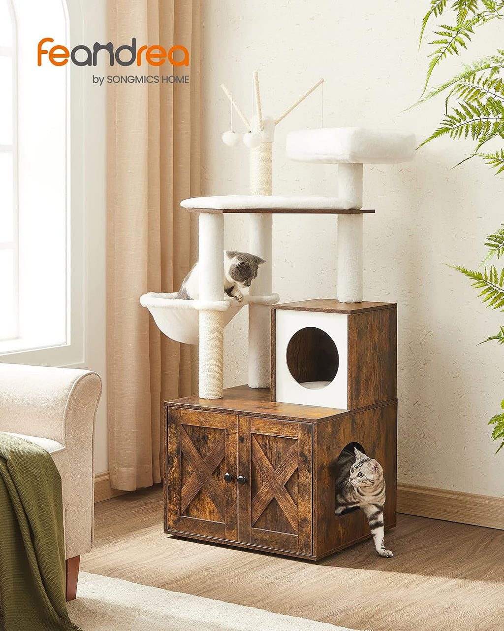 Feandrea Cat Tree with Litter Box Enclosure, 59-Inch, 2-in-1 Condo