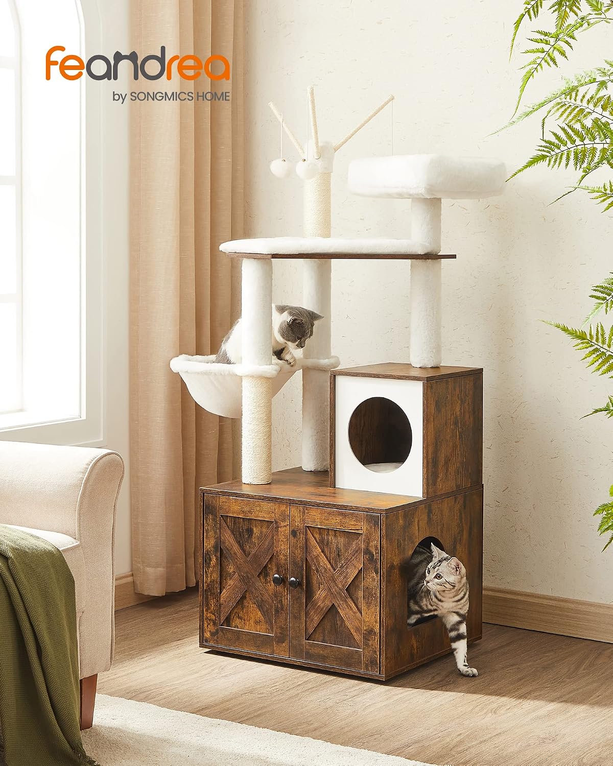 Feandrea Cat Tree with Litter Box Enclosure, 59-Inch, 2-in-1 Condo