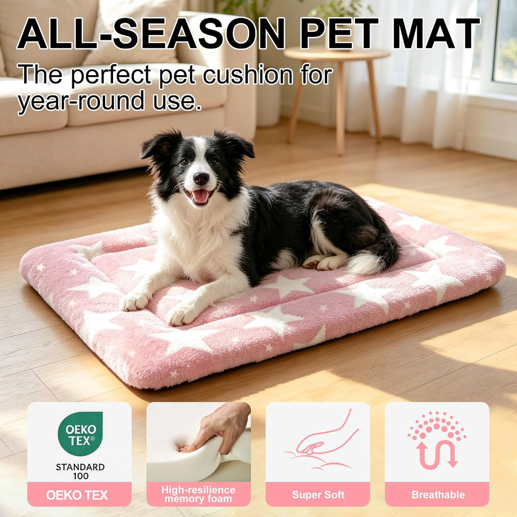 Dog Bed Mat, Reversible Crate Pad & Durable Dog Bed - Machine Washable Kennel Mat with Ultra Soft for Medium Dogs (Big&Small Stars Pink, 30" L*20" W*1.5" Th)