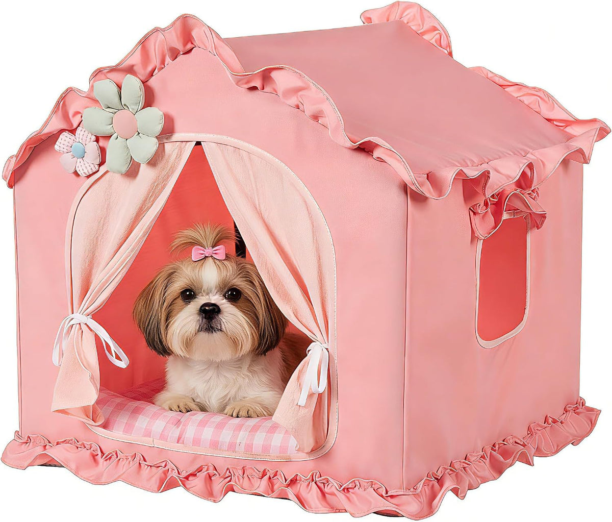Pink Indoor Dog House with Frame Foldable Breathable for Small Dog