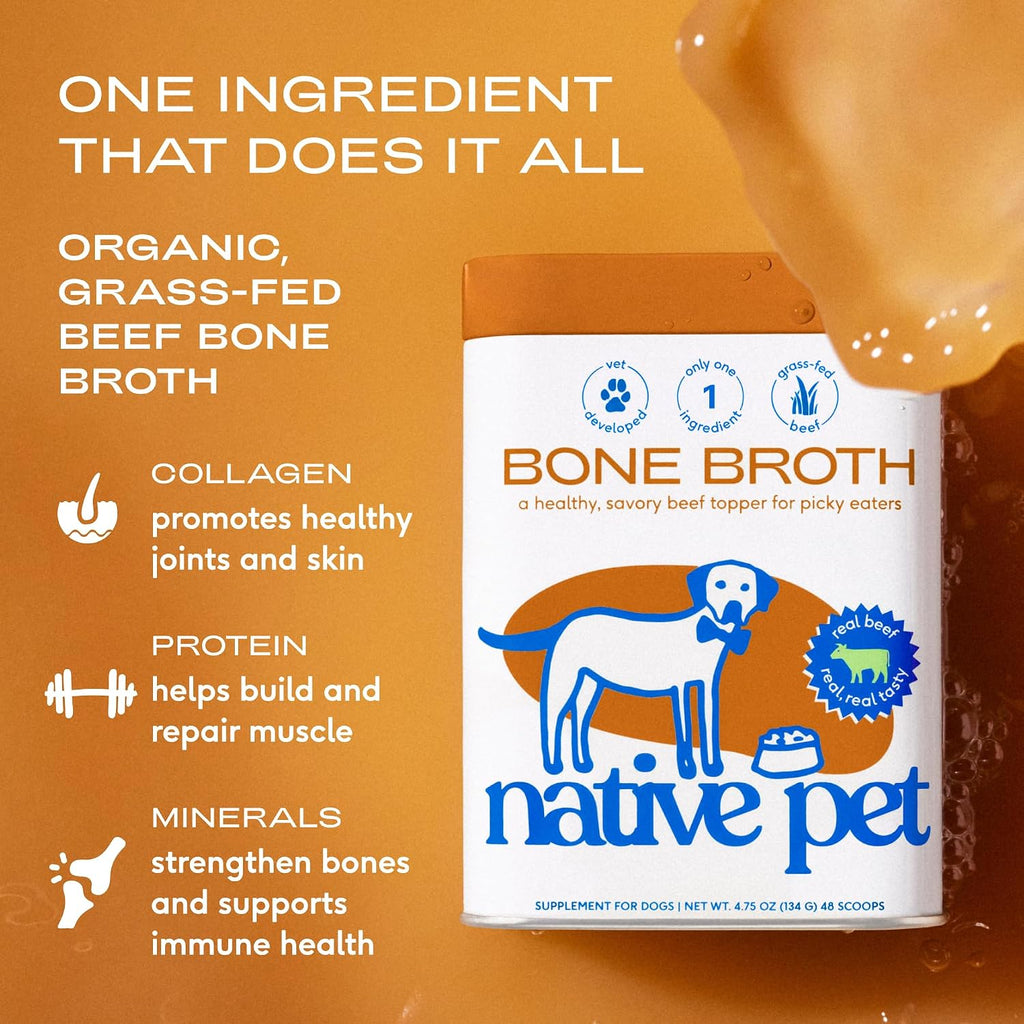 Native Pet Bone Broth for Dogs and Cats - Made with Real Beef Bone Broth, Dog Food Toppers for Picky Eaters - Provides Extra Hydration & Nutrition for Joint Strength, Immunity & Heart Health-96 Scoops