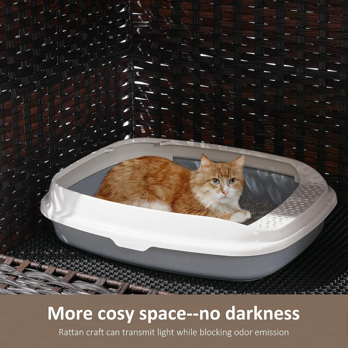 Cat Litter Box Enclosure with Door, Hidden Cat Washroom Furniture | Handwoven PP Wicker; Soft Litter Mat Included; Spacious Interior; Furniture-Style Design; Indoor Home Décor