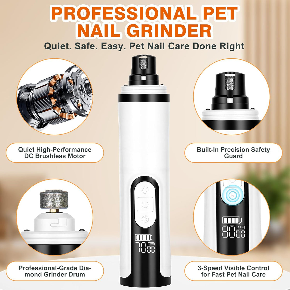 Dog Nail Grinder, Quiet Pet Nail Trimmer with LED, 3 Speeds & 3 Ports