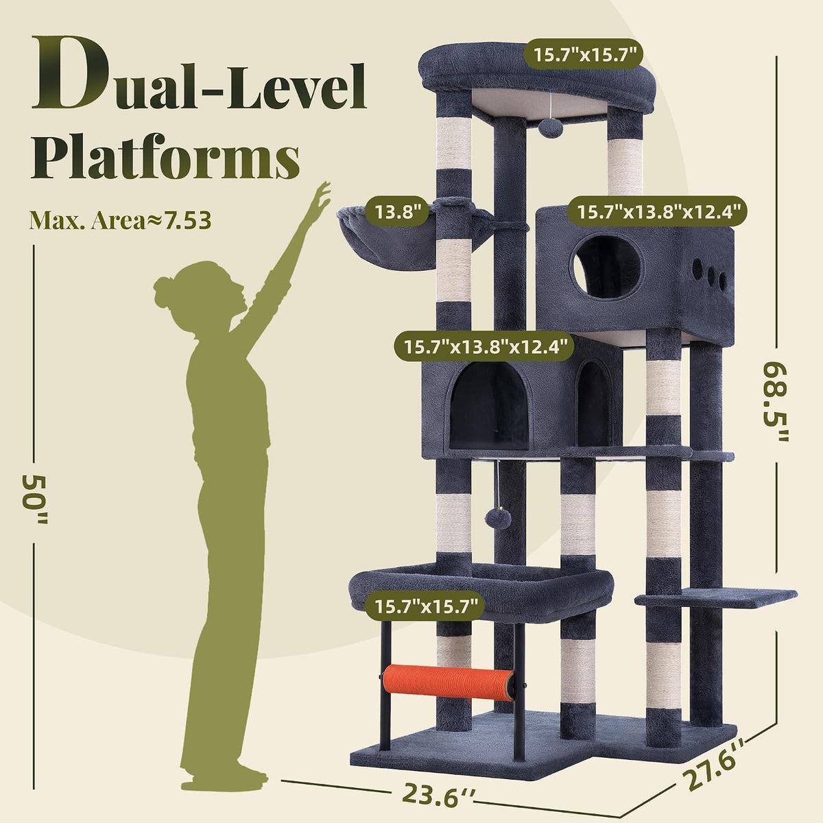 Hey-brother Cat Tree Tower with Stable L-Shaped Widen Base, Condo, MPJ086G