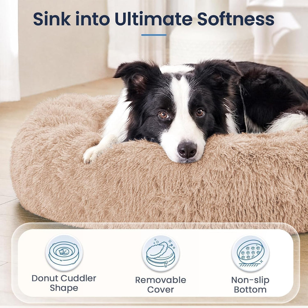 JOLLYVOGUE Calming Washable Dog Beds Large Sized Dog, 36inch Donut Large Dog Bed with Removable Cover, Anti-Slip Round Fluffy Faux Fur Bed, Fits up to 80 lbs Pets, Camel