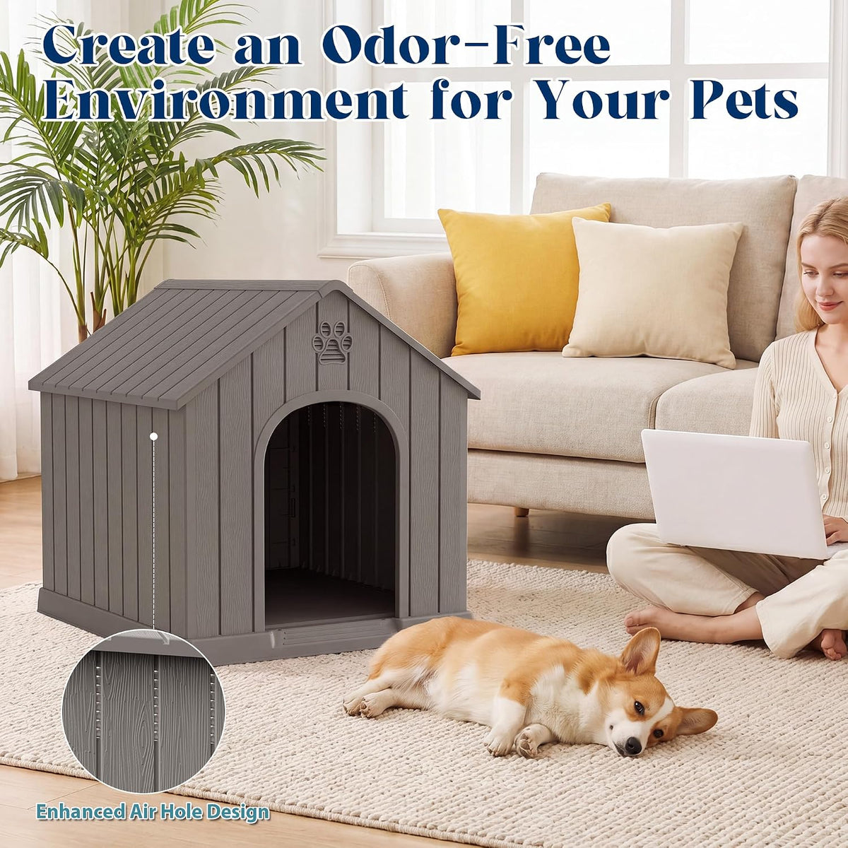 Dog House Outdoor, Plastic Small Dog House-Weatherproof Design with Air Vents & Elevated Floor for Small to Medium Dogs, Easy Clean and Assemble (Standard Grey, 26''L × 23.6''W × 25.8''H)