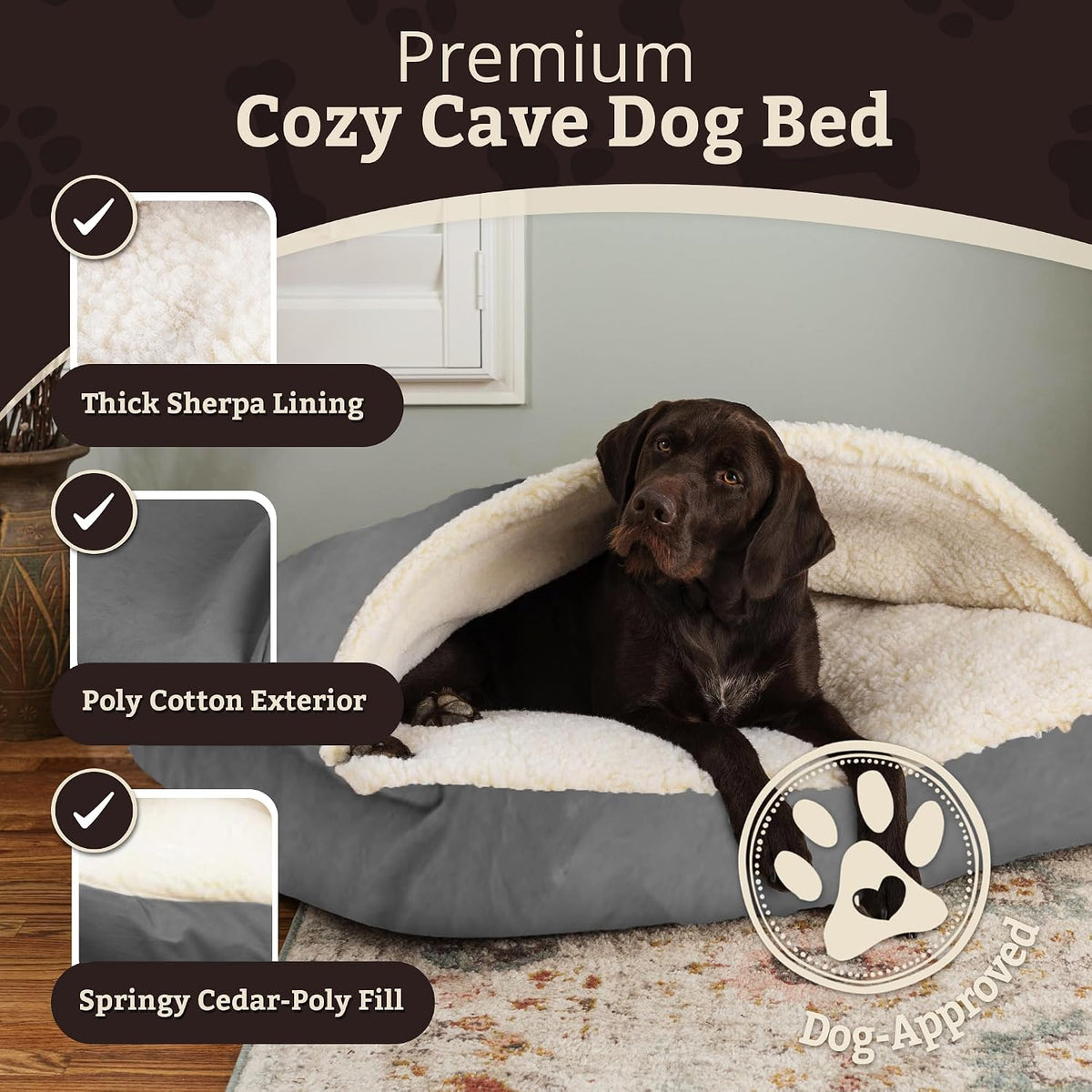 Snoozer Rectangle Cozy Cave Dog Bed, Hooded Dog Bed, Heather Gray (L)