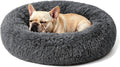 Calming Large Donut Dog and Cat Bed, Anti-Anxiety Round Soft Fluffy Plush Faux Fur Washable Anti-Slip Pet Bed for Medium Dogs Up to 35 lbs 28in Dark Gray