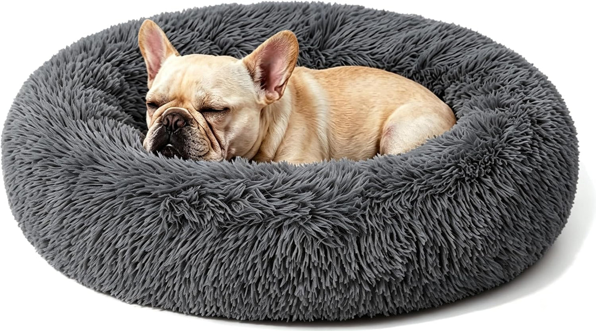 Calming Large Donut Dog and Cat Bed, Anti-Anxiety Round Soft Fluffy Plush Faux Fur Washable Anti-Slip Pet Bed for Medium Dogs Up to 35 lbs 28in Dark Gray