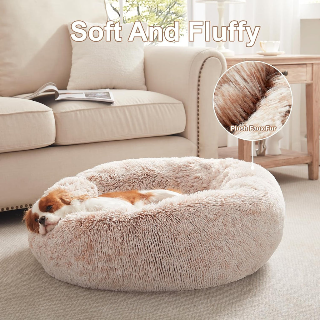 30 inches Faux Fur Fluffy Donut Dog Bed for Medium Dogs,Brown
