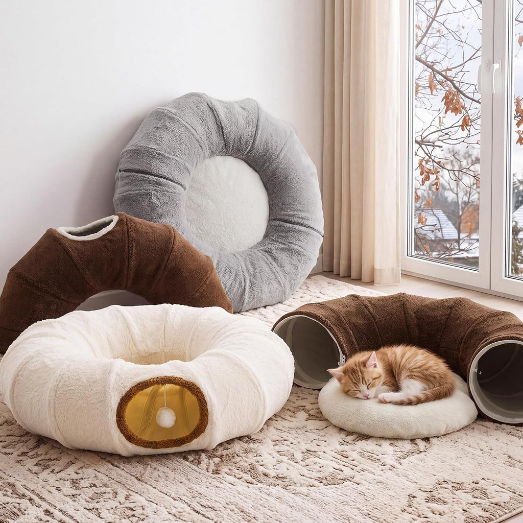 ZOMISIA Cat Tunnel Bed for Indoor Cats, Donut Peekaboo Play Tunnel, Brown