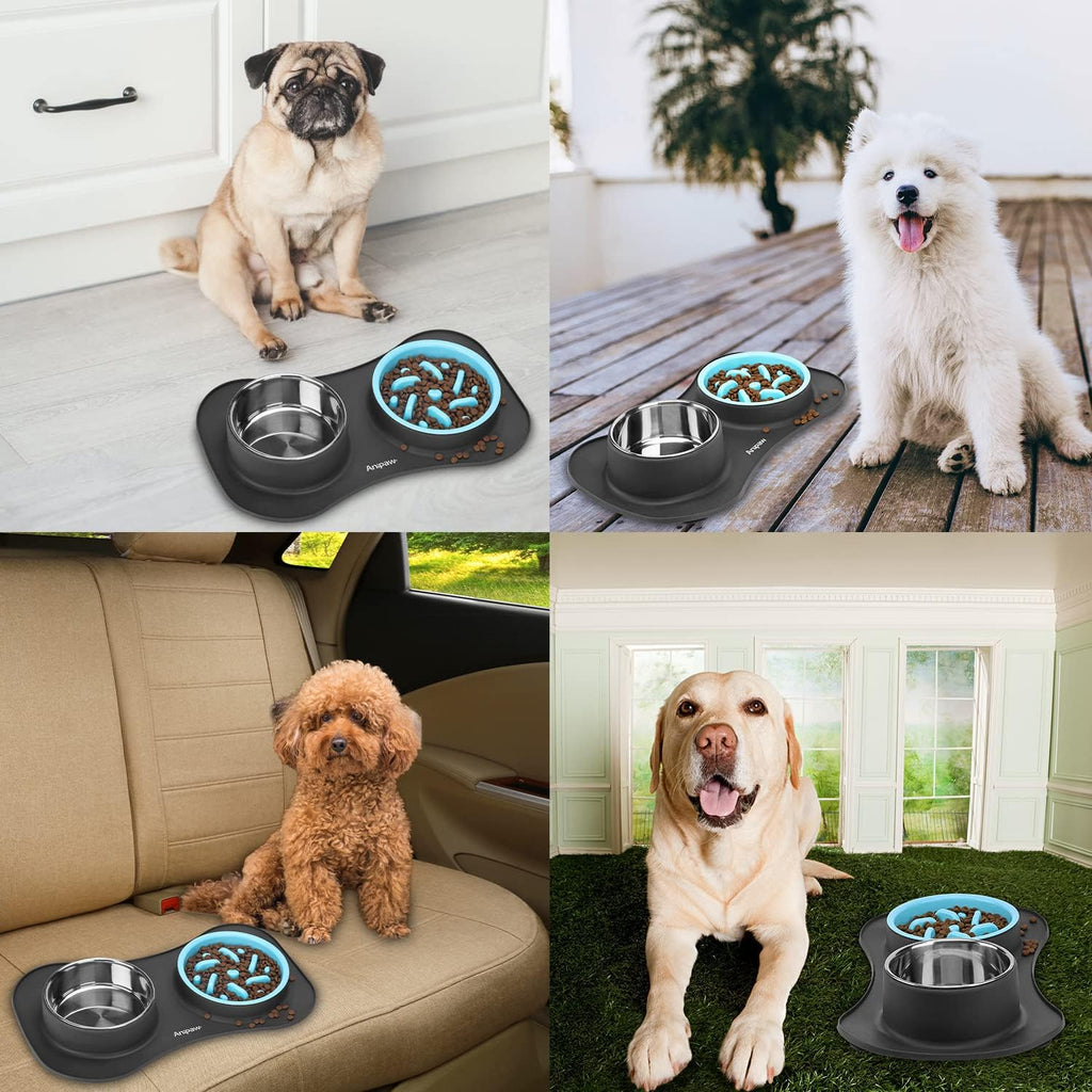 Slow Feeder Dog Bowls 3 in 1 Stainless Steel Food Water Bowl to Slow Eating | Durable, Non-spill & Non-skid with Silicone Mat Design, Slow Down Eating, Suitable for Small Medium Large Dogs and Cats 