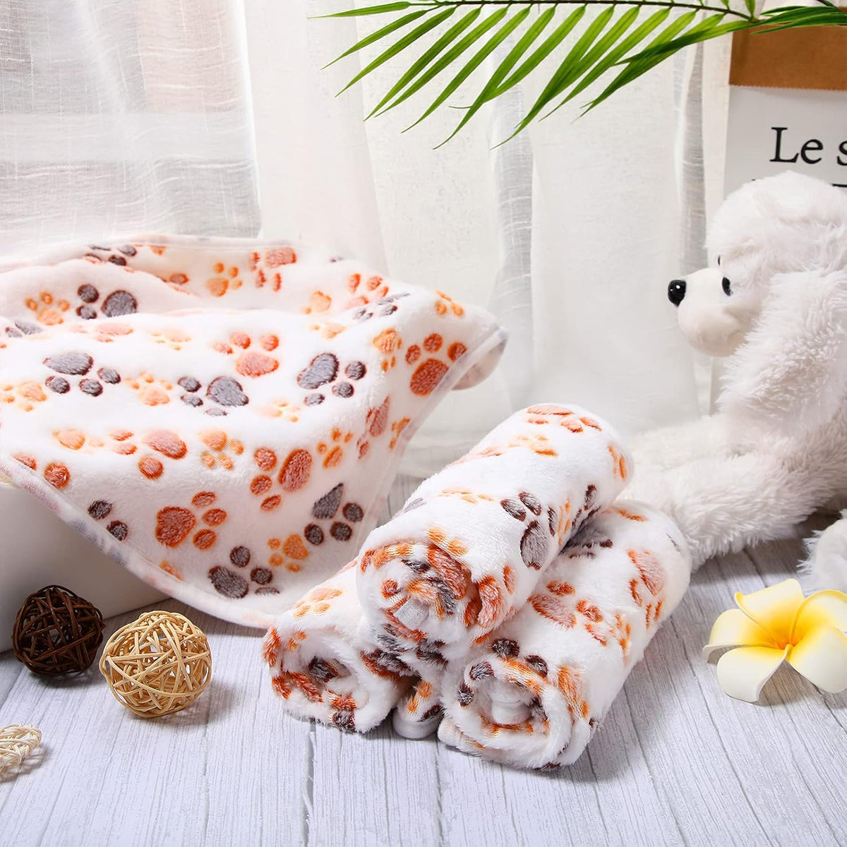 Tatuo 4 Pcs Fleece Dog Blankets for Puppy Cat, Cream, 30 x 20.5 in, Paw
