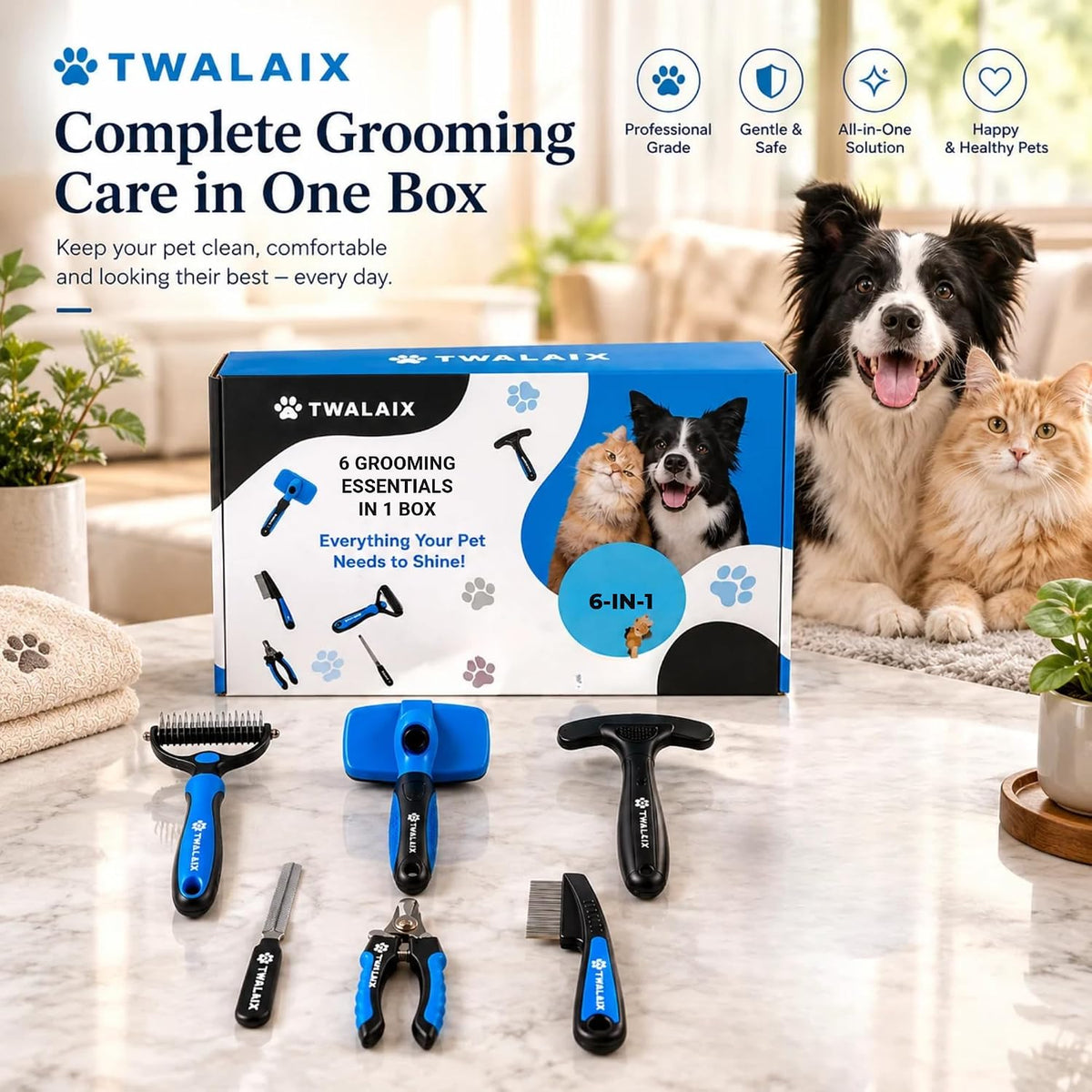 6-in-1 Dog Grooming Kit, Pet Grooming Kit for Dogs & Cats, Professional Cat Brush Set with Slicker Brush, Undercoat Rake, Flea Comb, Nail Clipper, Nail File & Pin Rake Brush