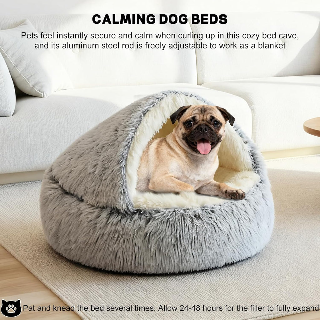 YUDANSI Calming Small Dog Bed & Indoor Cat Bed - Plush Fluffy Hooded Cave Nest, Anti-Slip Self-Warming, Washable Built-in No-Collapsing Support (Grey-65cm/26in)