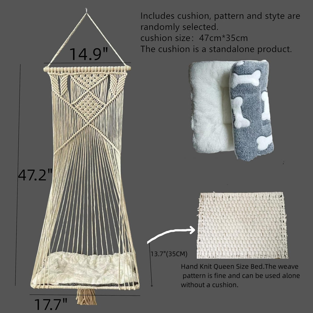 Macrame Hanging Cat Hammock Bed Cat Swing House Space Saving Window Perch with Washed Cotton Cats Toy Tassel Basket Tapestry (Beige, Swing Bed+Cushion, XL)