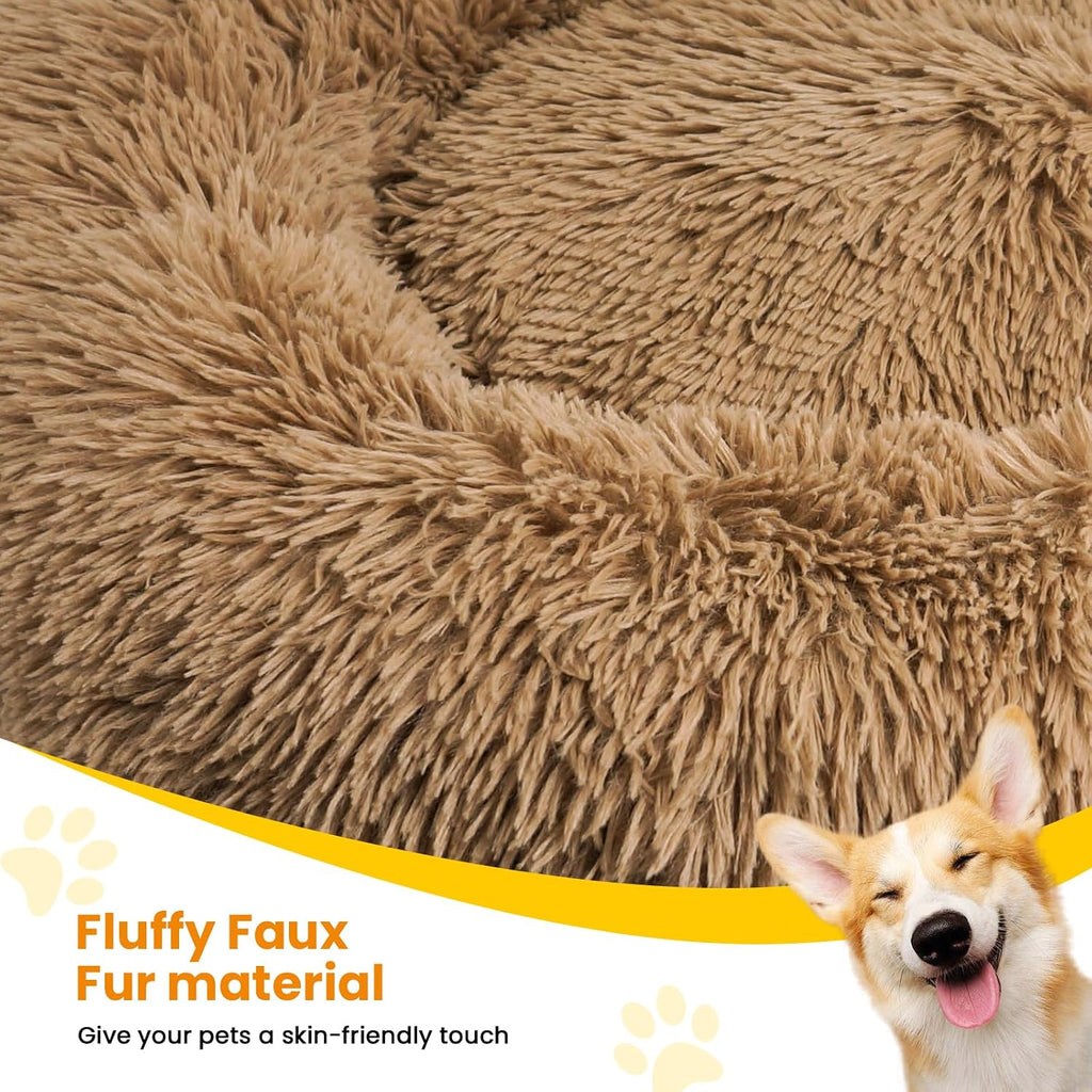 Calming Dog Beds for Large Dogs, Faux Fur Donut Cuddler Dog Bed, Round Fluffy Pillow, Washable Pet Bed for Dogs Up to 80Lbs, 36inch