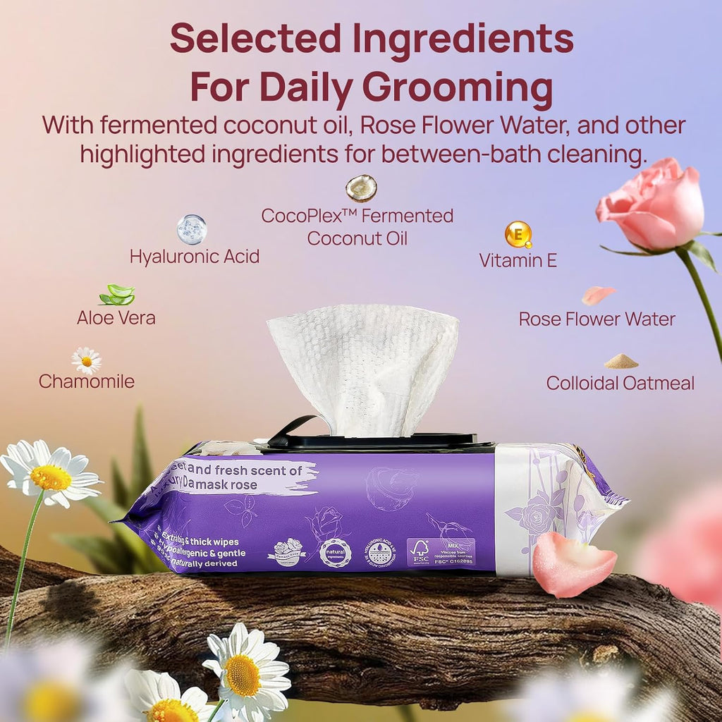 HICC PET Pet Cleaning Wipes for Dogs & Cats, Paws & Coat, 400 Count | Pearl-textured, with fermented coconut oil and Damask rose, for face and rear-end cleaning after walks or between baths