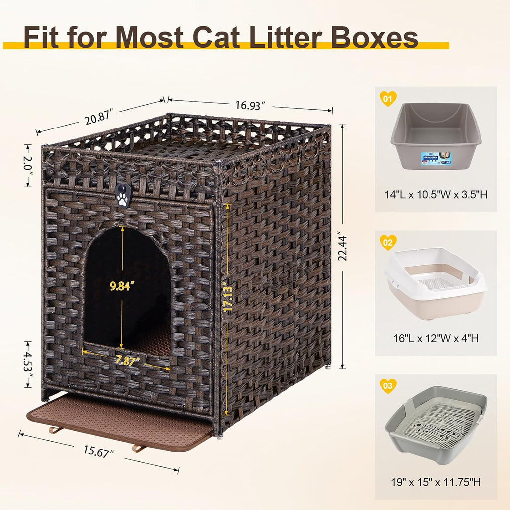 Snughome Cat Litter Box Enclosure Furniture Hidden with Litter Mat, Hidden Cat Washroom Furniture with Door, Handwoven Rattan Cat Washroom Box, Indoor Pet House for Living Room, Bedroom (Brown)