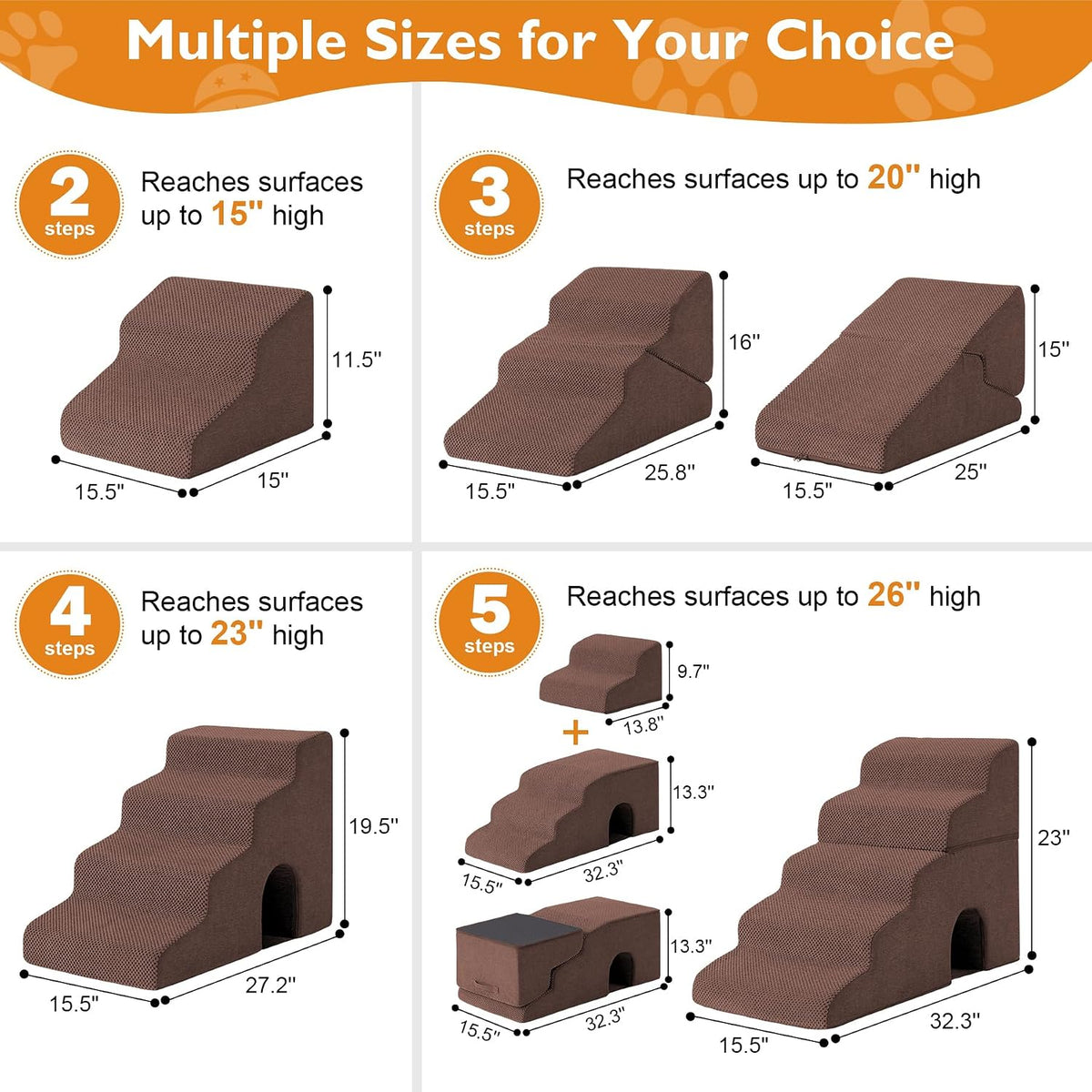Ahpmeoa Dog Stairs for Small Dogs 16’’ H, 3-Step Dog Steps for Bed, Brown