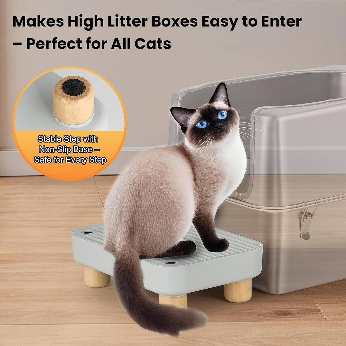 Litter Box Step, Litter Box Ramp/Catcher with Wooden Base, Anti-Tracking & Easy to Clean, Ideal for Small & Elderly Cats 11.8"x7.9"x3.6" (Gray)