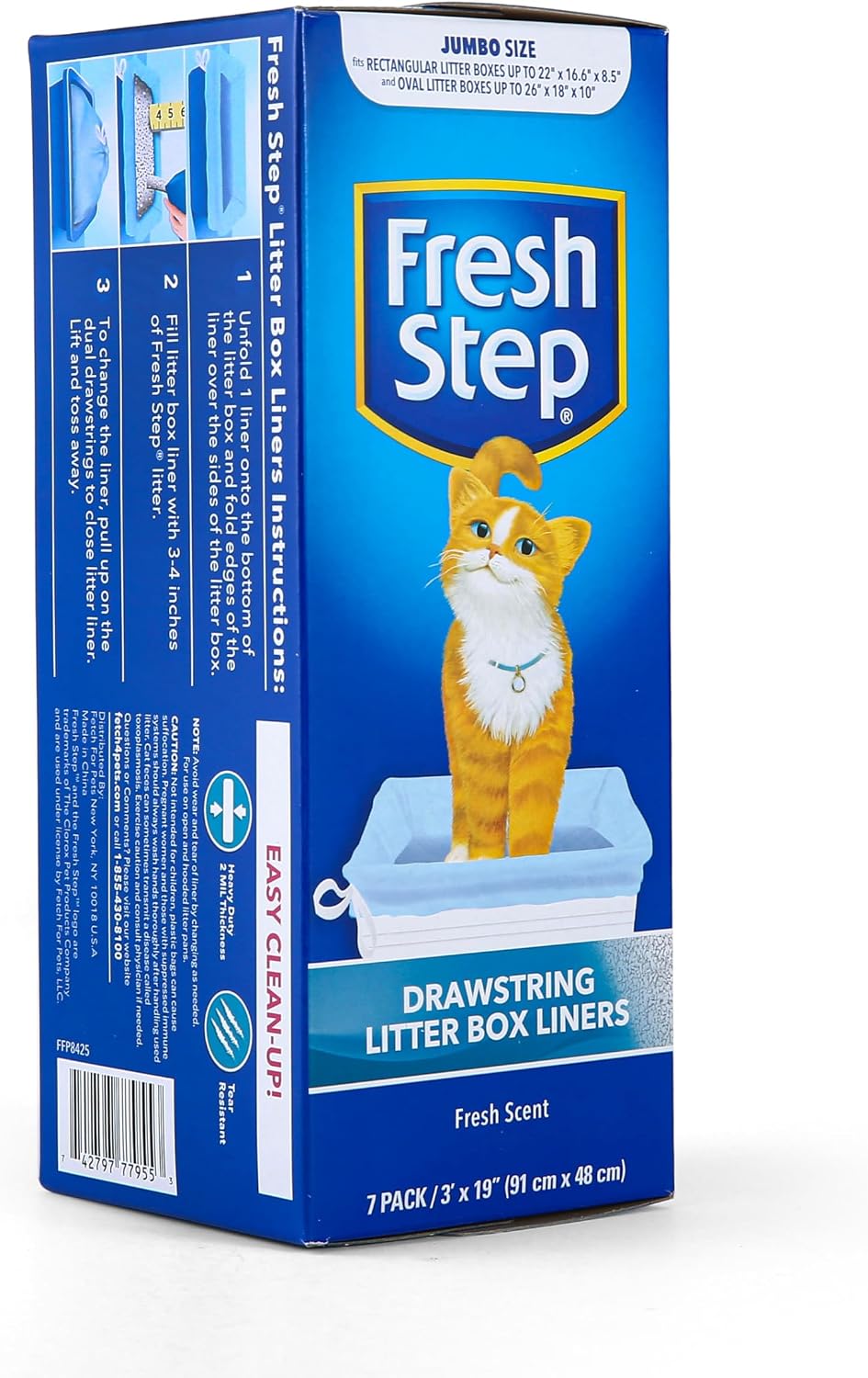 Fresh Step Drawstring Cat Litter Box Liners, Scented, 3 ft x 19 in, 7 Count | Heavy-duty bags for X-large oval or rectangle pans, drawstring closure for easy, mess-free lift-out cleanup