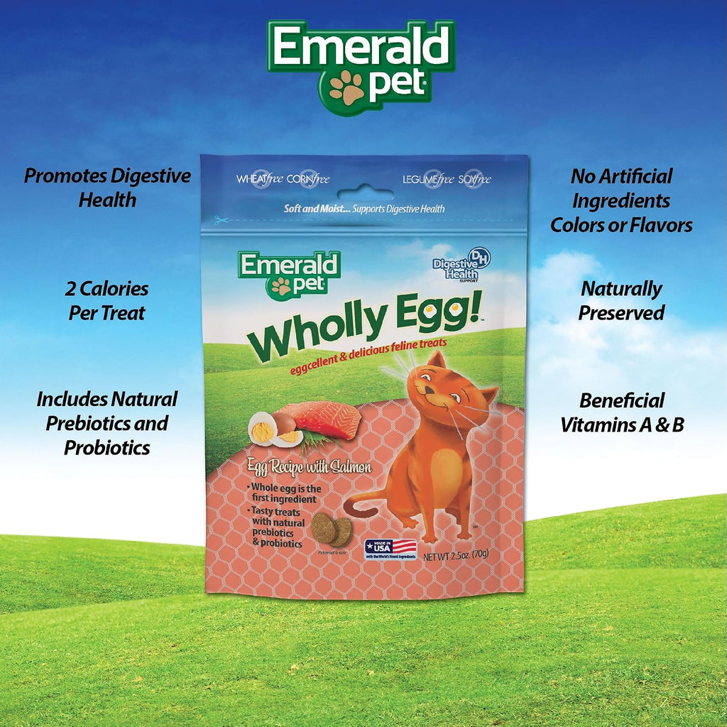 Emerald Pet Wholly Egg Cat Treats for Digestive Health – Soft & Moist Salmon Cat Treats with Natural Prebiotics & Probiotics – Supports Gut Health, 2.5 oz