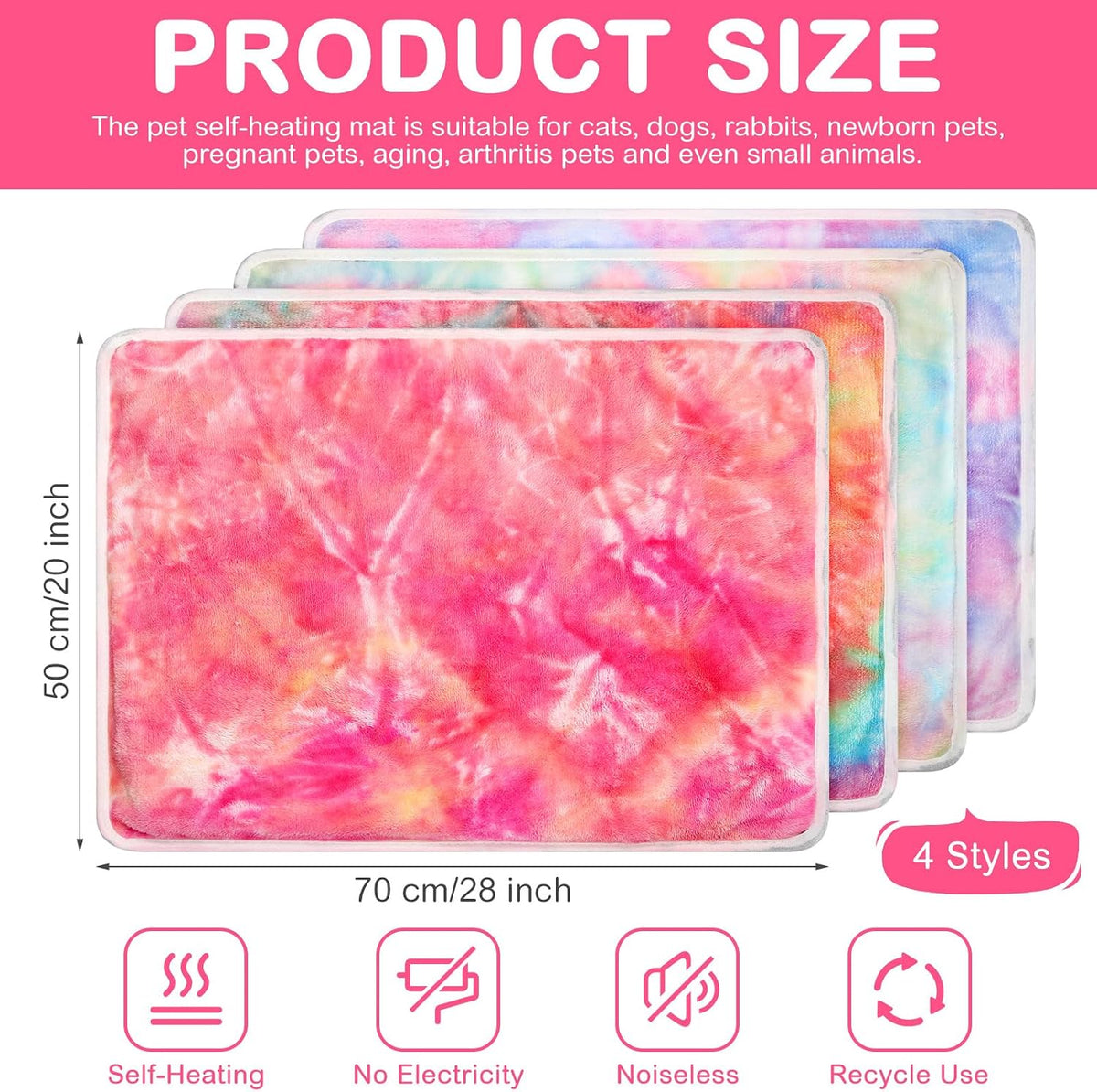 4 Pack Self Heating Cat Pad Self Warming Dog Mat, Tie Dye, 20 x 28 Inch
