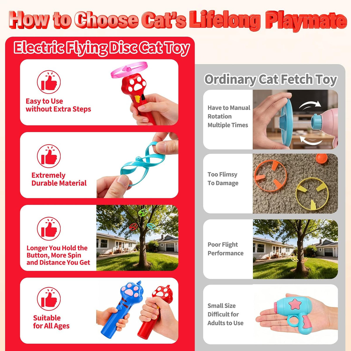 BABORUI Cat Toy Disc Launcher, Rechargeable Interactive Cat Fetch Toy Launcher with 8 Flying Discs, Flying Enrichment Toys for Indoor Bored Kittens & Adult Cats (Red)