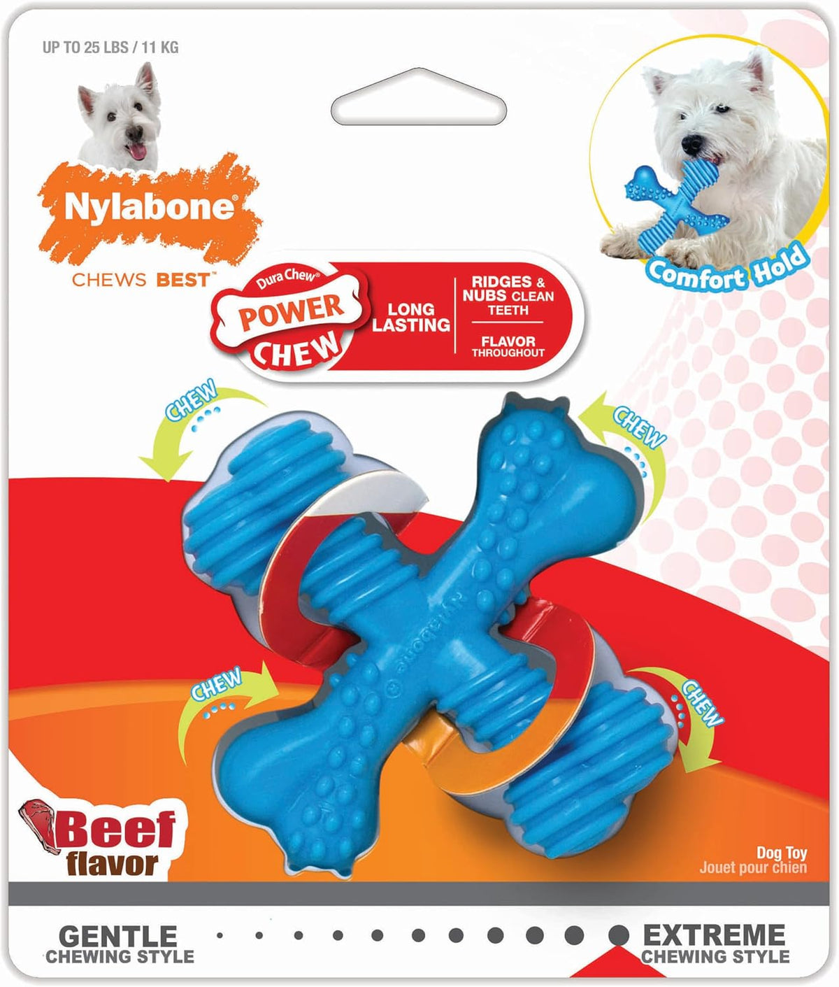 Nylabone Power Chew Comfort Hold X Bone Dog Chew Toy, Beef Flavor, Small | Small breeds, durable dog toys for dogs up to 25 lbs, teeth-cleaning textures, discourages destructive chewing, long lasting