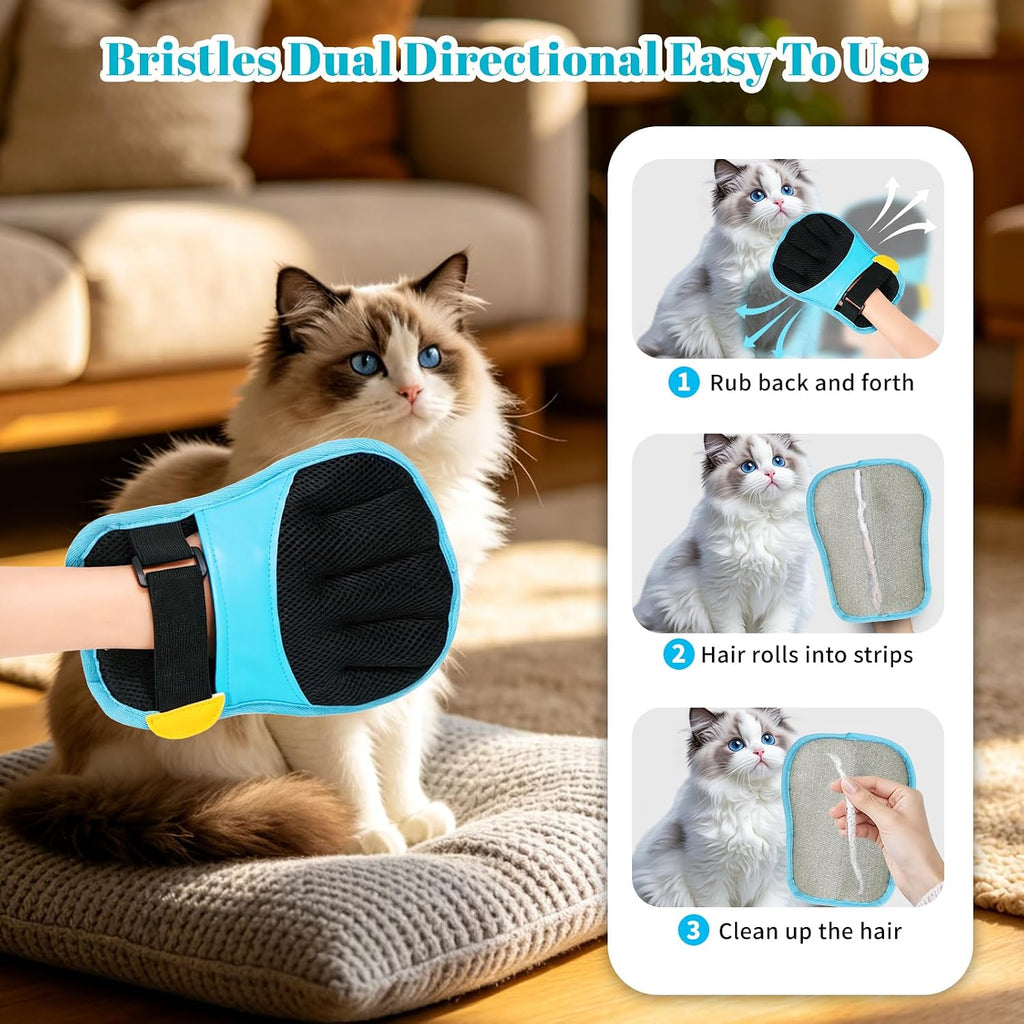 Pet Hair Removal Gloves, Blue and Black Colors, Static Hair Removal, Adjustable Strap, Reusable for Clothing, Sofa, Car Seat, Set of 2