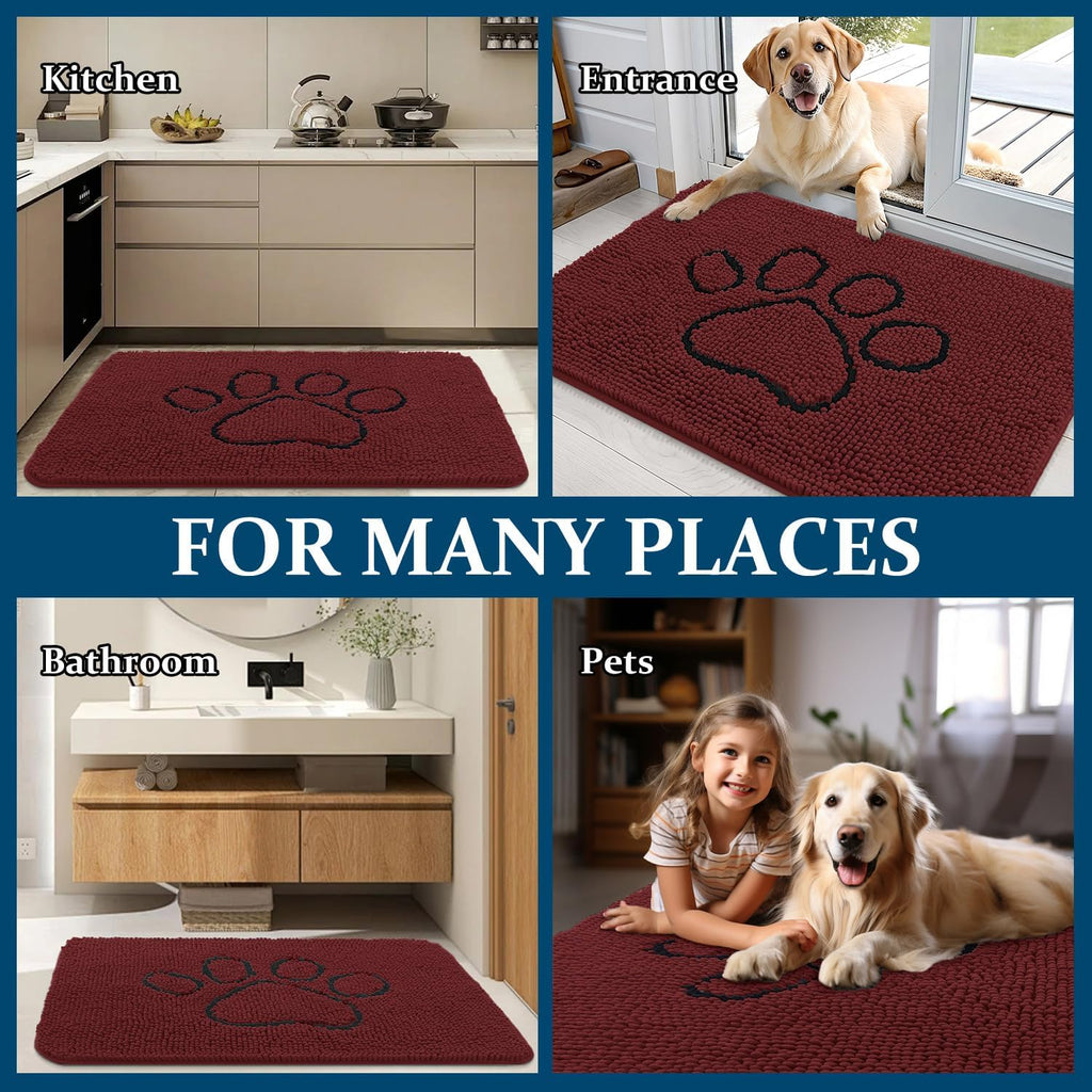 OLANLY Dog Door Mat for Muddy Paws 30x20, Paw Print Design Chenille Mud Mat