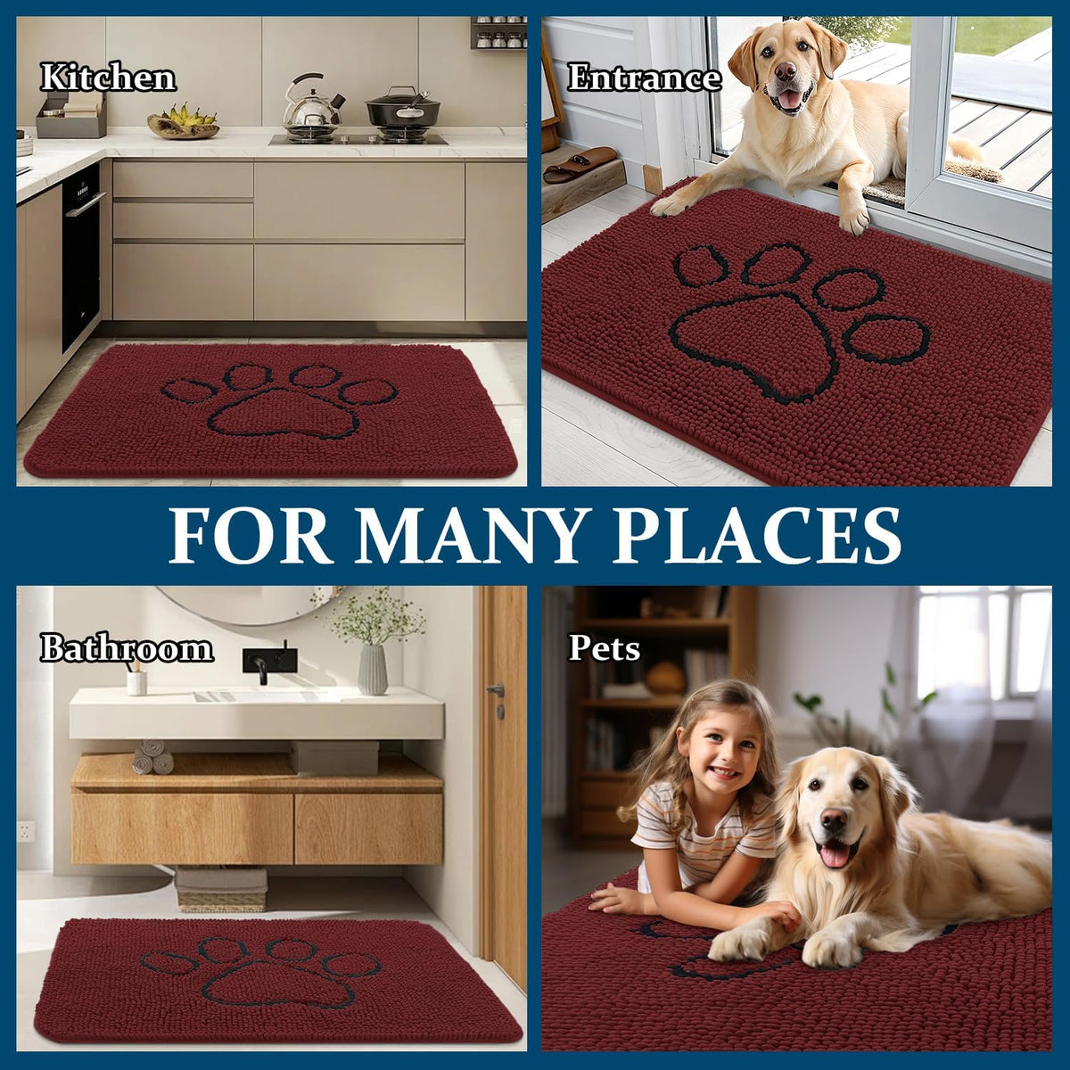 OLANLY Dog Door Mat for Muddy Paws 30x20, Paw Print Design Chenille Mud Mat