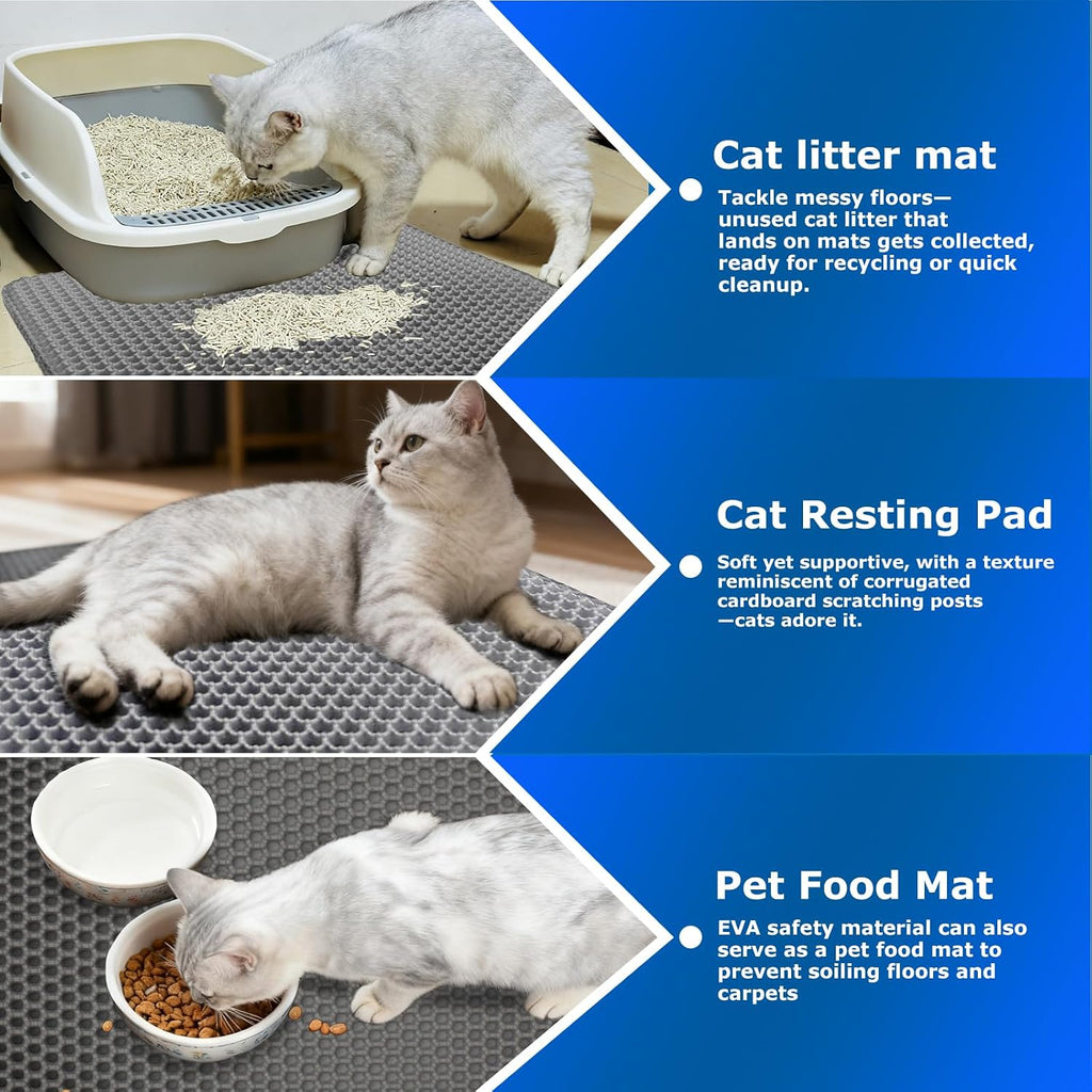 Cat Litter Box Mat,Double-Layer Honeycomb Litter Trap 35"x24" Gray | Catches Scattered Particles to Stop Tracking,Waterproof Design Urineproof Base Protects Floors, Easy to Clean, Indoor Cats