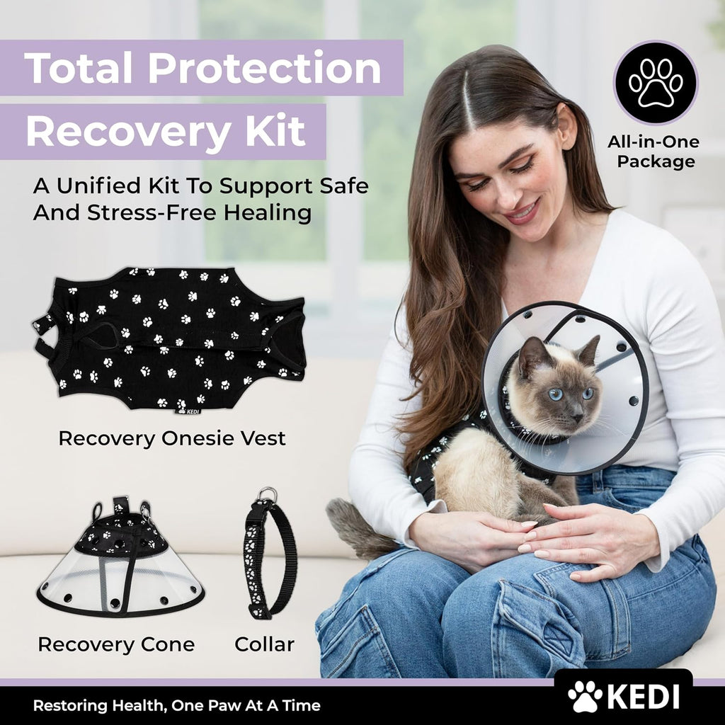 Cat Recovery Cone and Vest Kit After Surgery, Stop Licking, Black Small